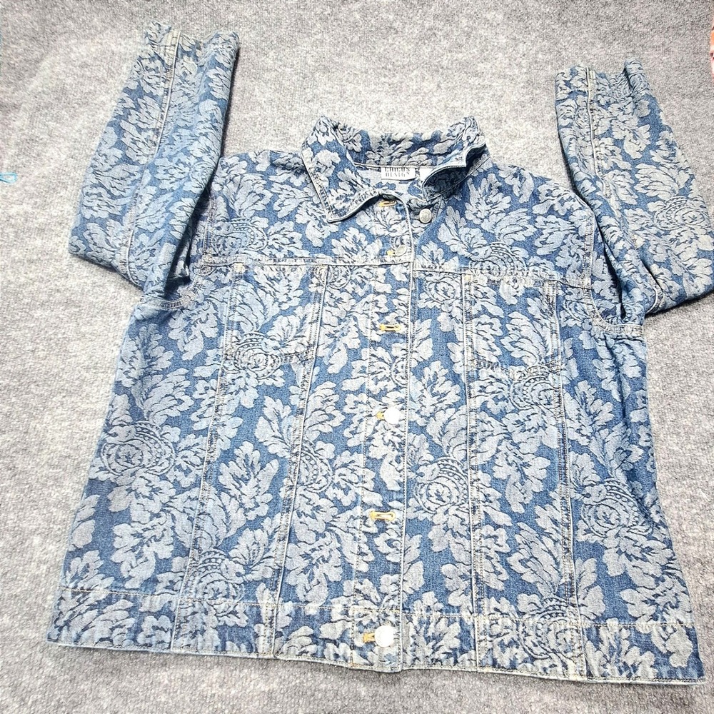 Chicos Design Vintage Damask Floral Denim Jacket Blue White Cotton Size 3 L XL